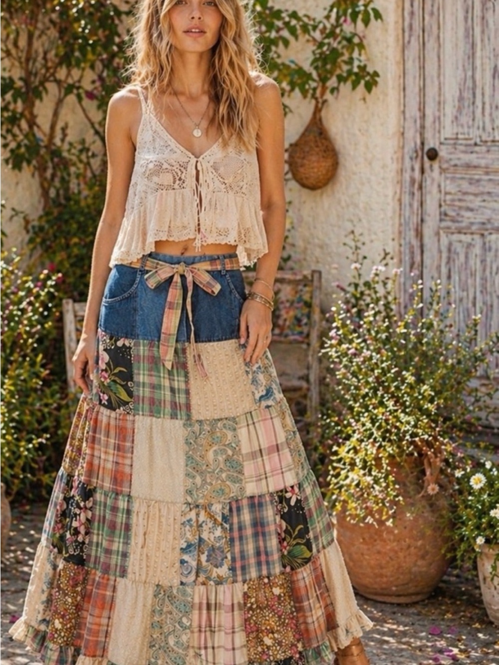 #27 NEW Boho Patchwork Denim Maxi Skirt - Each One Unique - Picture 2 of 4